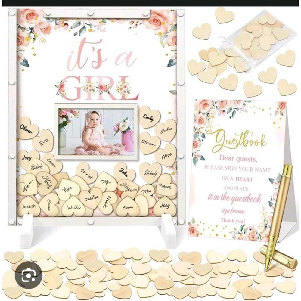 Baby shower It's a girl guess book with wood hearts